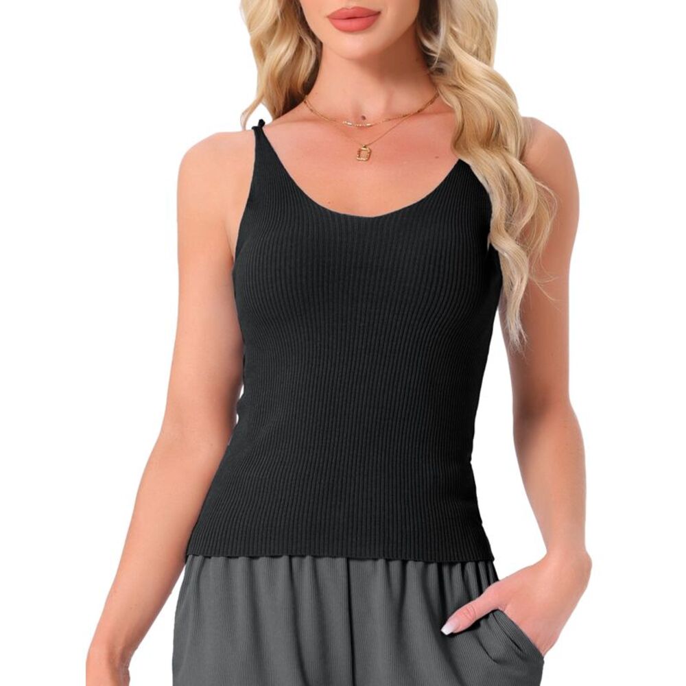 Spaghetti Strap Soft V Neck Cami Casual Camisole Tank Pajama Tops Black